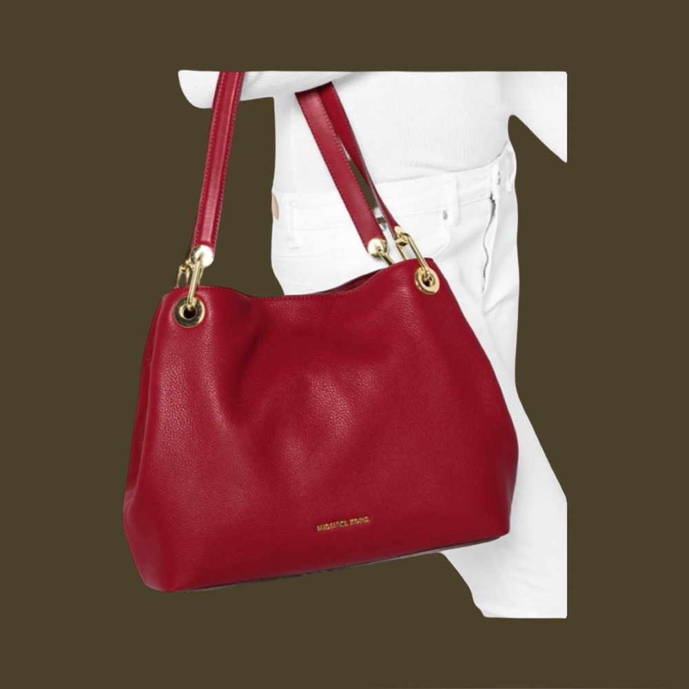 Michael Kors Raven Shoulder Tote Bag Red Pebbled Leather Gold Hardware NWOT - Picture 2 of 11